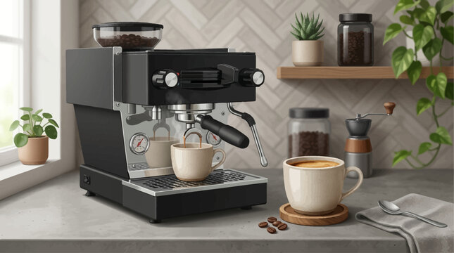 Modern black espresso machine with freshly brewed coffee in a ceramic mug, surrounded by beans and plants on a kitchen counter