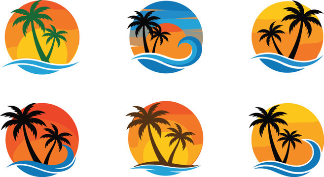 Vibrant Tropical Sunset Icon Set with Palm Tree Silhouettes Ocean Waves and Round Summer Badges for Travel Resort Branding and Logo Designs