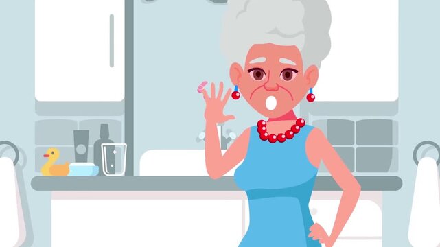 2D Animation of a Senior Woman Looking in a Bathroom Mirror and Fixing her Hair, Aging and Daily Routine Concept