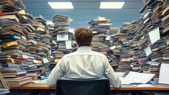 Worker sits at a desk surrounded by stacks of documents in an office setting during regular work hours