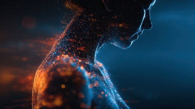 conceptual representation of fibromyalgia with silhouette of person in dark atmospheric space, soft glowing points highlighting widespread pain and fatigue across body, abstract healthcare 