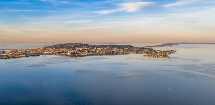 Aerial panorama of Mont Saint Clair de S&egrave;te at sunrise in H&eacute;rault in Occitanie, France