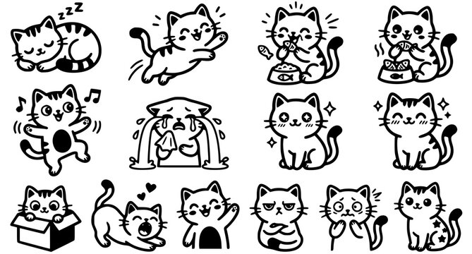 Black and white cat sticker set kawaii kitten illustrations for digital design and merchandise