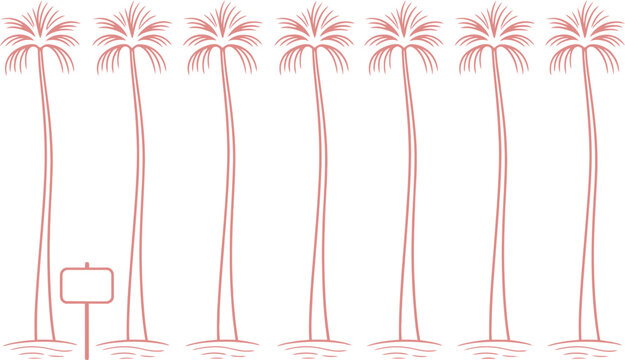 Minimalist line of six tall palm trees and a signpost