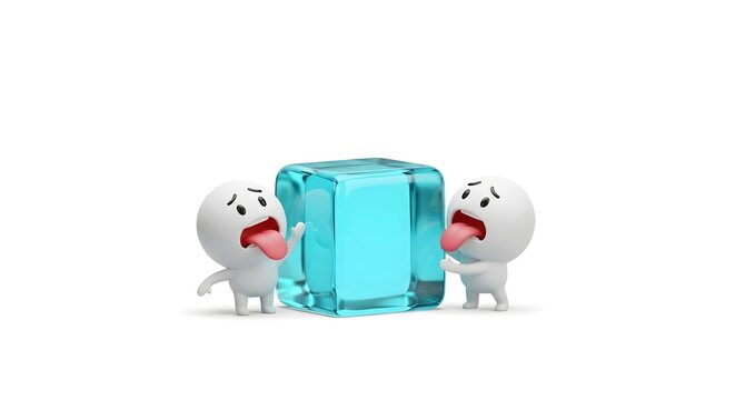 Cartoon characters with tongues frozen to a large ice cube