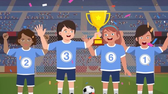 2D Animated Scene of a Happy Children's Football Team Celebrating and Holding up a Gold Trophy, Achievement Concept