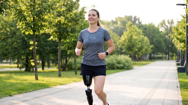 Motivated Woman with Prosthetic Leg Jogging in Park Video