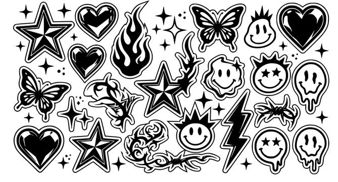 Black and white tattoo flash art with hearts stars butterflies and smiley faces