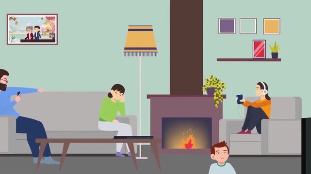 2D Animation of a Family Relaxing in a Living Room by a Cozy Fireplace, Domestic Lifestyle and Home Entertainment Concept
