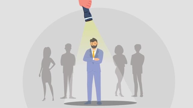 2D Animated Scene of a Businessman Standing in a Spotlight and Stepping Forward, Corporate Leadership and Success Concept