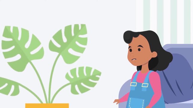 2D Animated Scene of a Little Girl Interacting with a Houseplant, Early Childhood Education and Curiosity Concept