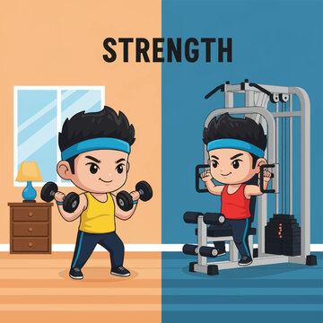 Vector illustration of a chibi male character performing bicep curls with dumbbells at home and using a chest press machine in a gym setting under the word Strength.