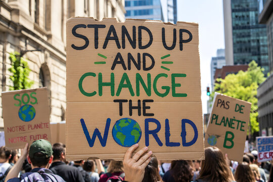 Climate protest, environmental activism, climate change demonstration, people holding signs calling for global action, public environmental awareness campaign in city street, sustainability movement, 