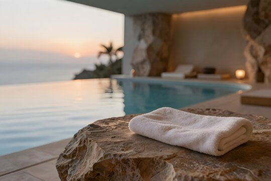 Luxury resort infinity pool with a white towel on a rock at sunset ocean view