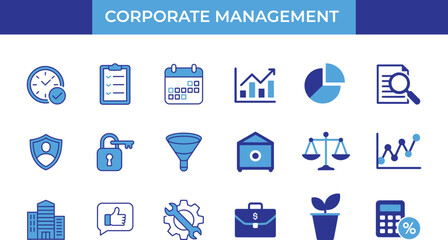 Fototapeta premium Corporate Management Business Flat Icon Set. Leadership, Governance, Analytics, Planning, Finance. Editable Professional Vector Illustration Pack