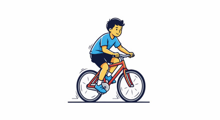 Fototapeta premium Young boy on a red bicycle, pedaling with energy on a white background