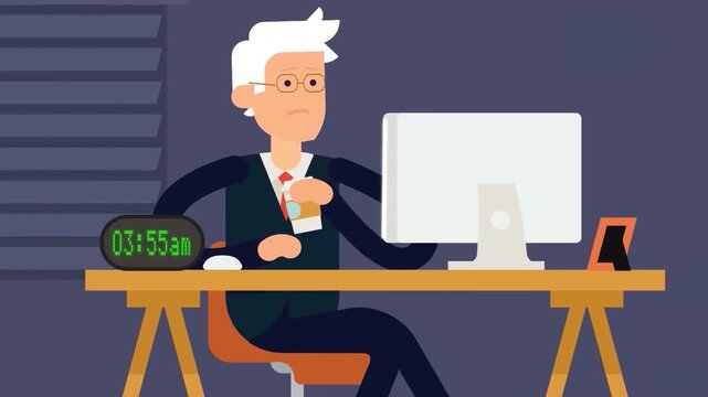 2D Animated Scene of a Stressed Senior Businessman Sitting at an Office Desk with a Clock, Overtime and Burnout Concept