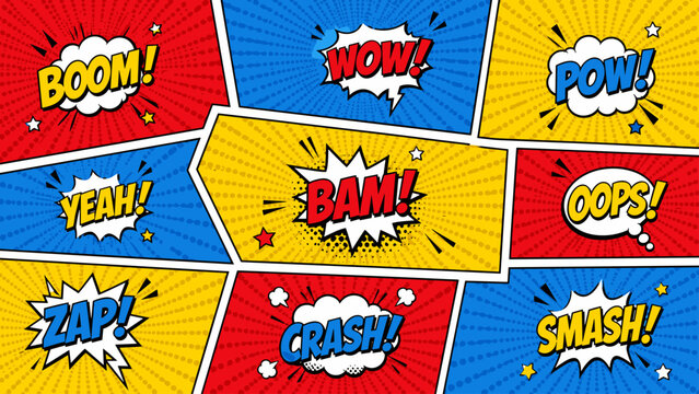 Comic book panels with action words like Boom, Bam, Pow, Zap, and Crash