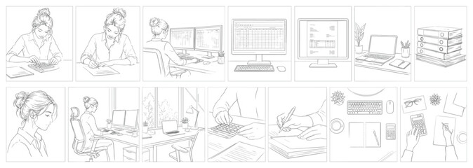 Naklejka premium Young woman working diligently at her desk with various office supplies and technology