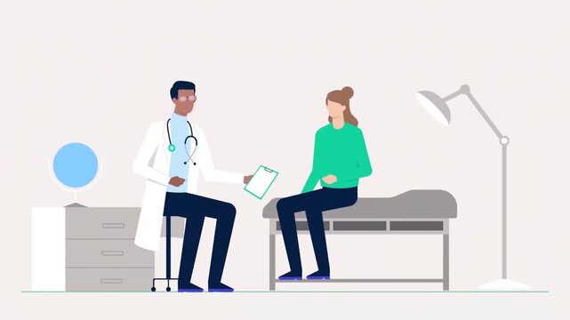 2D Animated Scene of a Doctor consulting a Female Patient Resting on a Clinic Bed, Medical Ward and Examination Concept