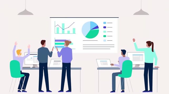 2D Animation of a Startup Team Celebrating Business Growth Charts on a Projector Screen, Corporate Success Concept