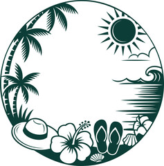 Obraz premium Green illustration of summer beach scene with sun palm trees flip flops and hibiscus flowers in a circle frame