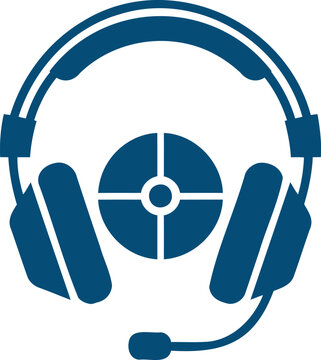 Blue gaming headset with microphone and directional control pad icon on white background for tech and communication concepts