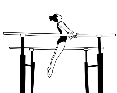 A gymnast in mid-air executing a dynamic move on parallel bars against a bright indoor gym background with natural lighting.