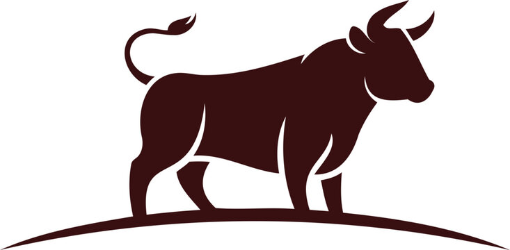 Brown bull standing on a hill with horns and tail up  farm animal silhouette