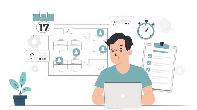 2D Animation of a Software Developer Working on a Laptop with a Project Management Roadmap Layout, Software Engineering Concept