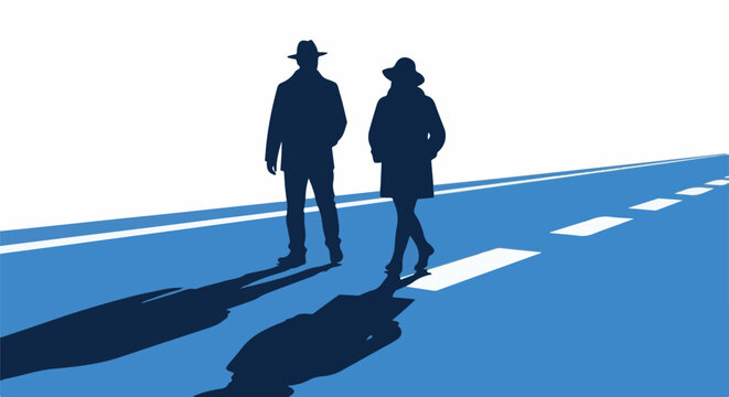 Two silhouettes, one male, one female, walk across a road with dashed white lines