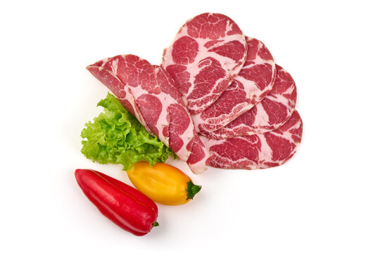 Capocollo Slices with Peppers and Lettuce, isolated on white background