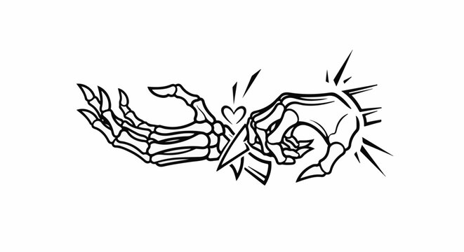 Two skeleton hands reach out, one holding a heart and a sharp object