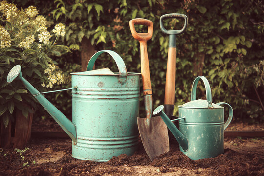 Vintage Garden Tools and Watering Cans on Soil