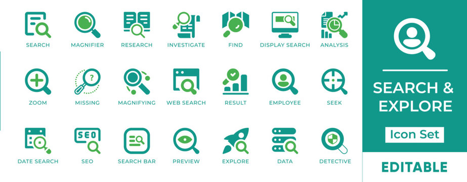 Search Research Analysis Explore SEO User Data Icon Set - editable vector icons for web interface, analytics investigation, and digital discovery