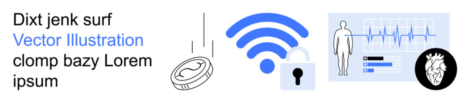 Cybersecurity, digital health, wireless data, secure communication, medical technology, online safety. wireless symbol, lock human body data heart and coin icons. Cybersecurity and digital health
