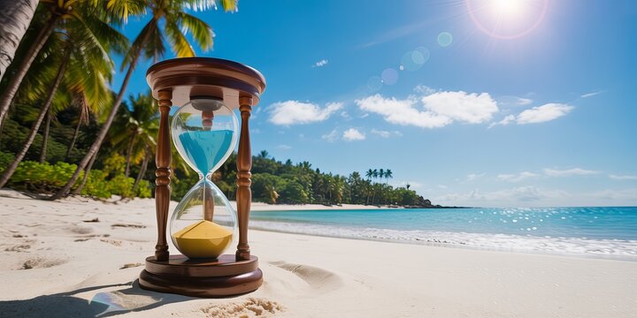 Hourglass with blue and yellow sand on a tropical beach