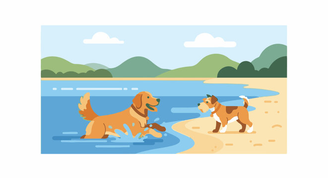 Two dogs playing near water with hills and clouds in the background