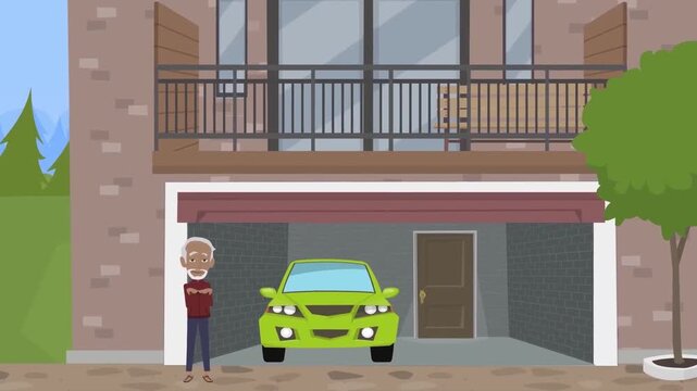 2D Animation of an Electric Green Car Charging inside a Suburban House Garage, Sustainable Energy and Smart Home Concept