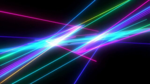 Dynamic multicolored neon laser light lines moving and intersecting in an abstract tunnel