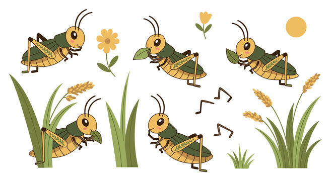 Cute cartoon grasshoppers in various poses, eating grass and jumping, with flowers and musical notes, playful nature elements, whimsical outdoor