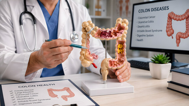 Doctor holding colon anatomical model, colorectal disease education and digestive system consultation, gastroenterology healthcare concept, colon health diagnosis, intestinal anatomy, colorectal cance