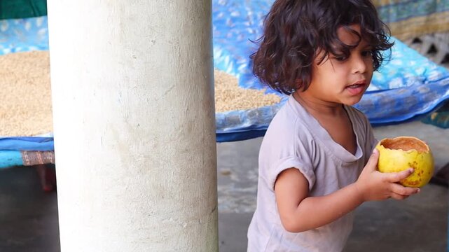 Cute Indian toddler girl drinking fresh wood apple juice directly from its natural shell, happy village child enjoying healthy traditional bel sharbat, authentic rural lifestyle
