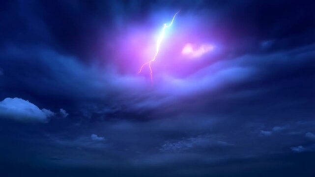 Dramatic lightning strike illuminates stormy dark blue night sky with thunderclouds for intense