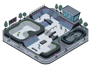 Obraz premium Urban skatepark isometric illustration: People skateboarding, BMX biking, and roller skating on ramps, bowls, and rails.
