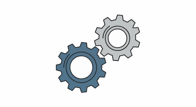 Two interlocking gears, one blue, one gray, are depicted against a white background