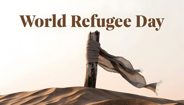 World Refugee Day Symbolic Journey Scene of Weathered Pole with Fabric in Desert Landscape