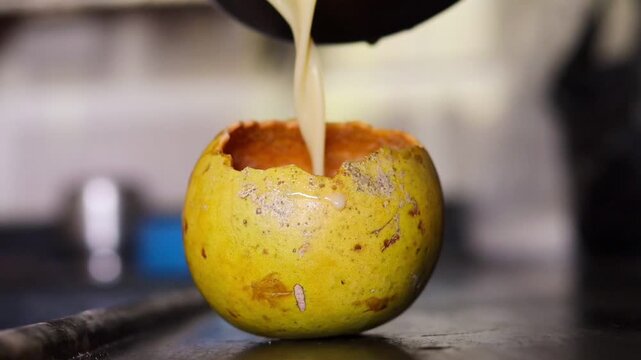 Pouring fresh wood apple juice back into its hollow shell, close up of healthy traditional Indian bel sharbat preparation, summer refreshing organic drink
