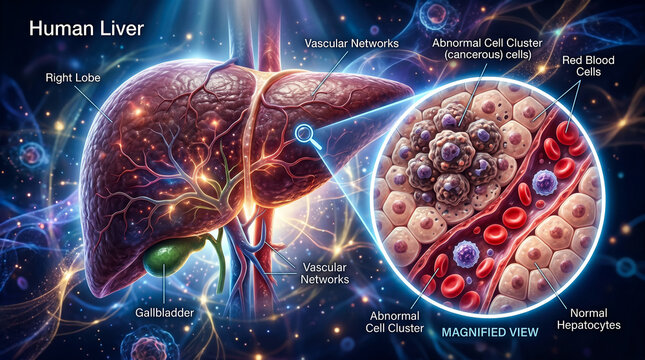 Human liver anatomy with detailed view of abnormal cells
