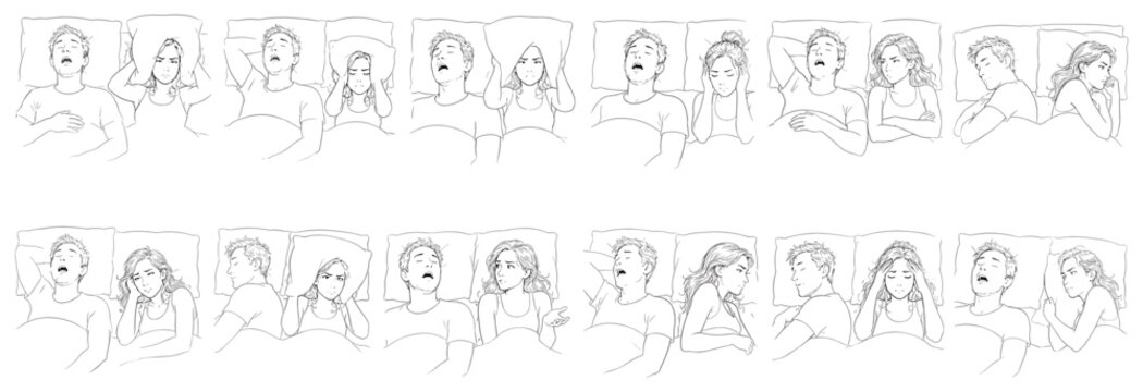 Couple in bed with man snoring loudly and woman unable to sleep